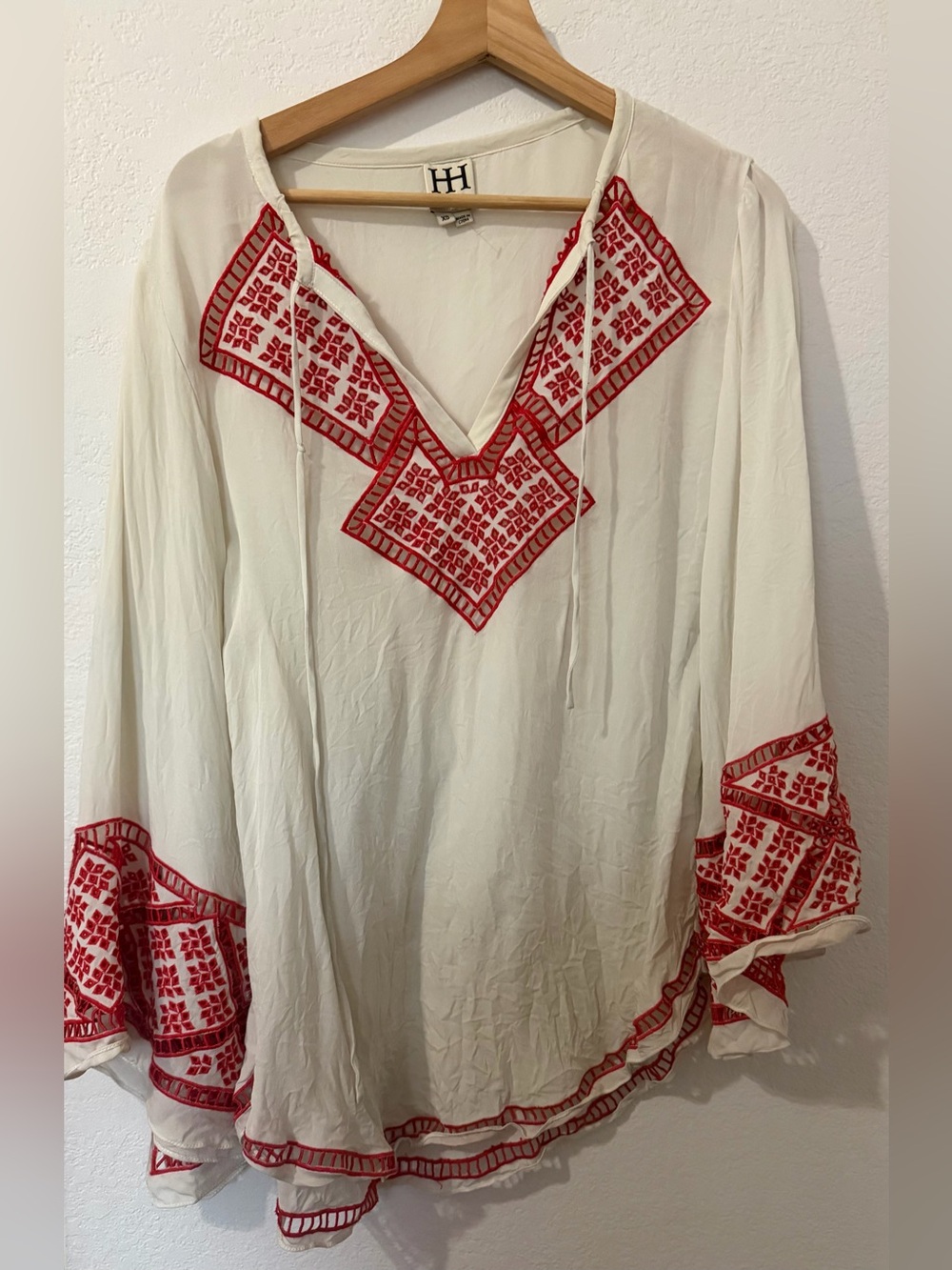Haute Hippie Silk White Boho Tunic Top with Red Embroidery- XS